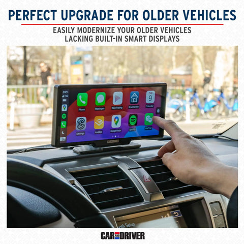 IntelliDash Pro X10 10 Inch Wireless CarPlay And Android Auto Display installed in car, hand interacting with touchscreen.