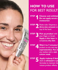 Smiling woman holding Instant Skin Tightening Primer For Face That Blurs Imperfections Firms On Contact Reduces Fine Lines And Pores