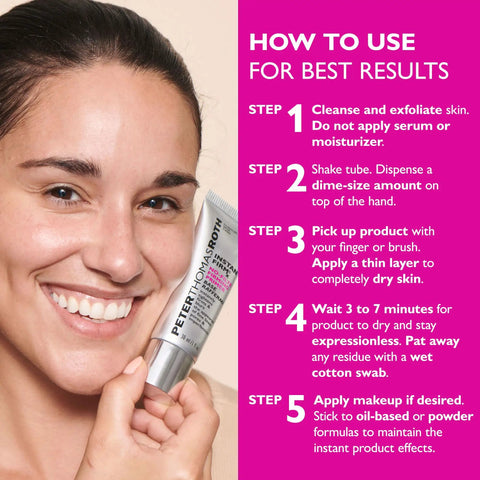 Smiling woman holding Instant Skin Tightening Primer For Face That Blurs Imperfections Firms On Contact Reduces Fine Lines And Pores