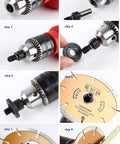 Arbor Mandrel Adaptor for angle grinder; red tool with silver shaft adapter and diamond disc (step-by-step montage).