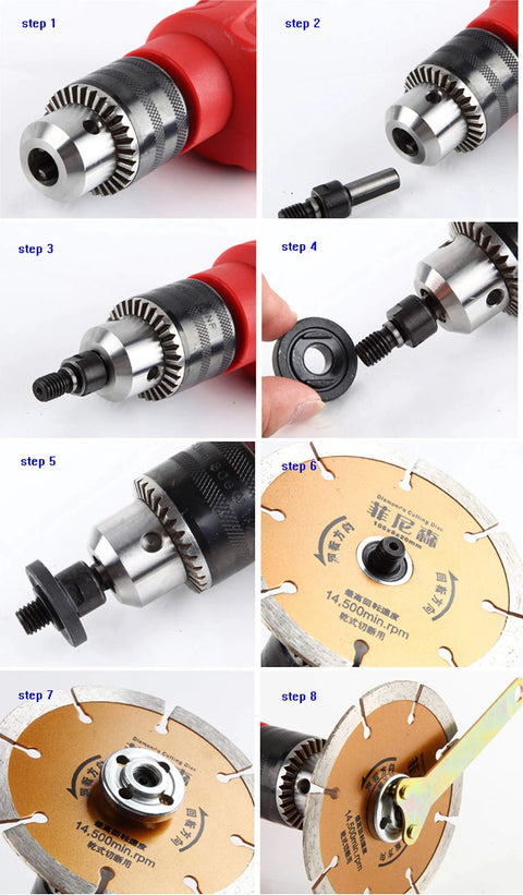 Arbor Mandrel Adaptor for angle grinder; red tool with silver shaft adapter and diamond disc (step-by-step montage).