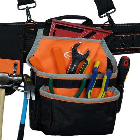Pro Framer Combo System Tool Belt With Suspenders Do It All Rugged Heavy Duty Construction Pouch Set showing tools in orange pouch