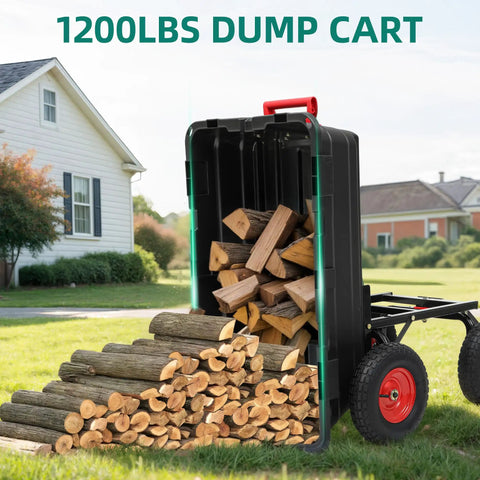 Heavy Duty 1200 Lb Dump Cart with 7 Cu Ft Capacity All Terrain 13 Inch Wheels carrying firewood in yard