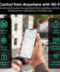 Hand holding smartphone controlling Smart Lock With AI Learning Scanner And Fingerprint Entry, WiFi Front Door Deadbolt