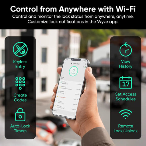 Hand holding smartphone controlling Smart Lock With AI Learning Scanner And Fingerprint Entry, WiFi Front Door Deadbolt