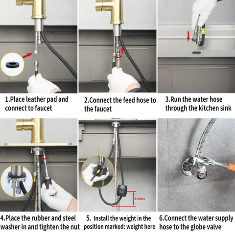 Installation steps for Brushed Gold Pull Down Kitchen Faucet With Sprayer High Arc Single Handle Stainless Steel 1 Hole Deck Mount