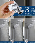Solid Metal Shower Arm Diverter With Holder For Handheld And Fixed Shower Heads, 3-Way Universal Diverter System showing spray modes