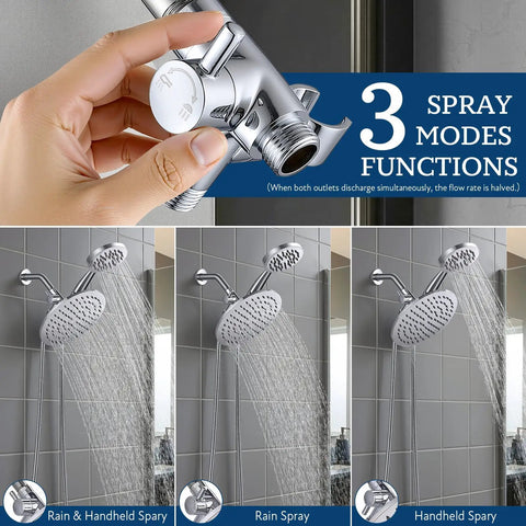 Solid Metal Shower Arm Diverter With Holder For Handheld And Fixed Shower Heads, 3-Way Universal Diverter System showing spray modes