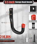 3.5 inch single hook with red rubber tip, details of wall mount, 70 lbs capacity, part of 24 Pack Heavy Duty Garage Hooks With EVA Pads 3.5 Inch Wall Mount Hooks 100 Lbs Capacity Perfect For Hanging Bikes Kayaks Ladders Chairs Paddle Boards Snowboards And More In Your Workshop Or Garage.