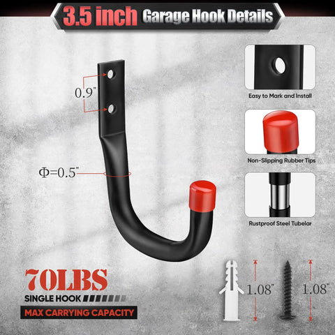 3.5 inch single hook with red rubber tip, details of wall mount, 70 lbs capacity, part of 24 Pack Heavy Duty Garage Hooks With EVA Pads 3.5 Inch Wall Mount Hooks 100 Lbs Capacity Perfect For Hanging Bikes Kayaks Ladders Chairs Paddle Boards Snowboards And More In Your Workshop Or Garage.