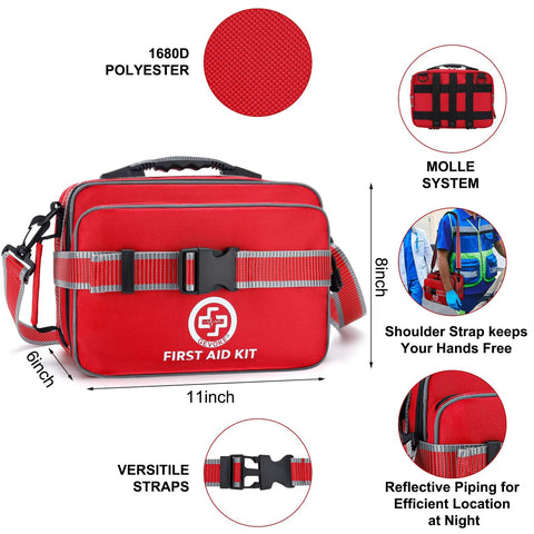GEVOKE red first aid kit bag, 500-piece emergency kit, 1680D polyester with MOLLE system and adjustable strap.