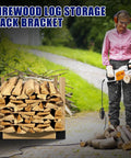 Person using chainsaw near stacked firewood supported by log storage rack bracket in an outdoor setting.
