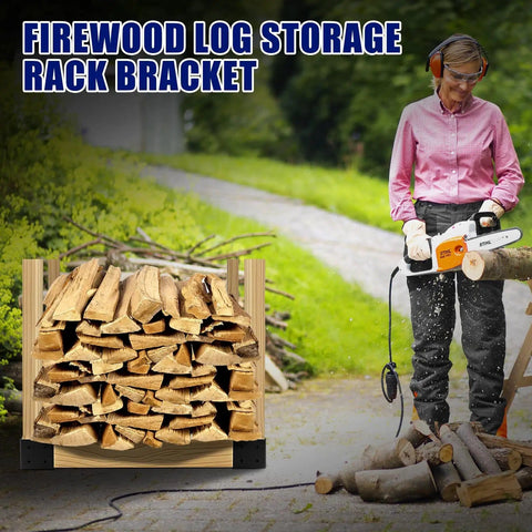 Person using chainsaw near stacked firewood supported by log storage rack bracket in an outdoor setting.