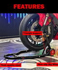 Motorcycle Front And Rear Stand Combo With 4 Pulley Wheel Lift supporting a bike wheel, featuring red wheels and steel frame.