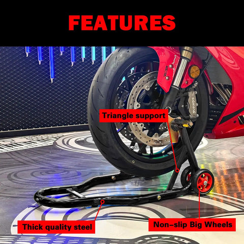 Motorcycle Front And Rear Stand Combo With 4 Pulley Wheel Lift supporting a bike wheel, featuring red wheels and steel frame.
