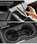Close-up of wireless charging mat and cup holder in Ten Piece Center Console Organizer For Model Y Juniper 2025 2026 Premium And Performance.