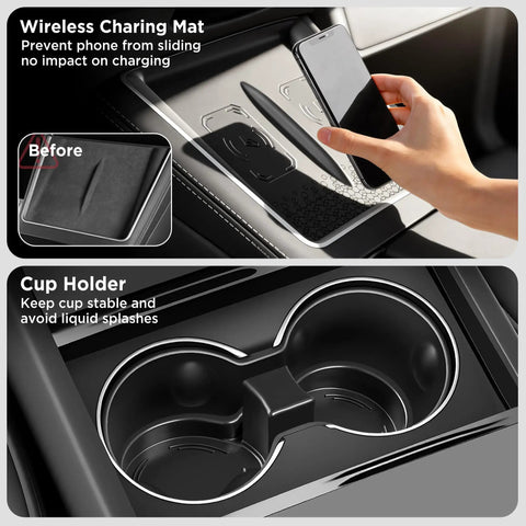 Close-up of wireless charging mat and cup holder in Ten Piece Center Console Organizer For Model Y Juniper 2025 2026 Premium And Performance.