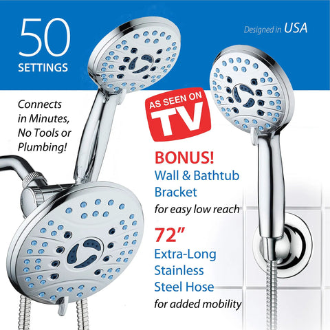 High Pressure 50 Mode Rain And Handheld Shower Head Combo With Anti Clog Nozzles, 3 Way Operation, Extra Long 6 Foot Stainless Steel Hose, All Chrome Finish, Built For Tub Tile Pet Washing And Power Wash