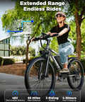 Woman riding the Zippy 1500W Peak Mountain Electric Bike For Adults With 25 MPH Top Speed, 65 Mile Range, on a city street.