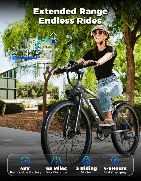 Woman riding the Zippy 1500W Peak Mountain Electric Bike For Adults With 25 MPH Top Speed, 65 Mile Range, on a city street.