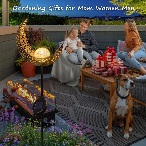 Moon Solar Garden Lights Outdoor Waterproof Stake Yard Decor, bronze crescent moon, garden setting with gifts