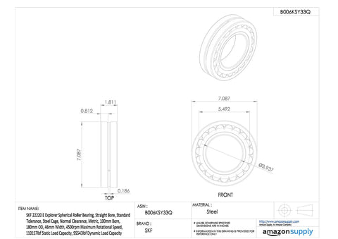 Technical drawing of Heavy Duty Pro Grade Double Row Spherical Roller Bearing With 45mm Bore 100mm Outer Diameter And 36mm Width.