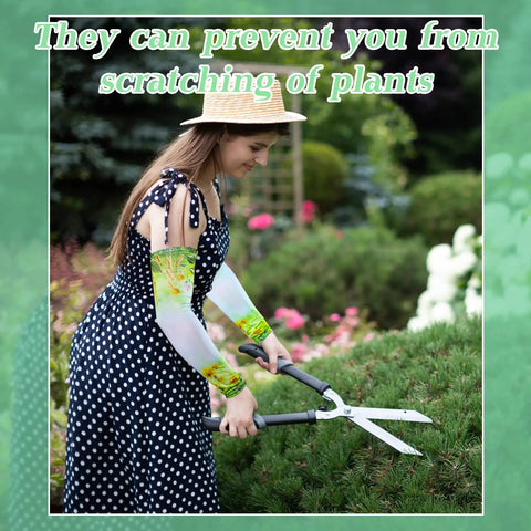 Woman gardening with shears wearing 12 Pairs Gardening Arm Sleeves For Women And Men All Day Sun Shield Cooling Flower Pattern Sleeves.