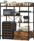 Super Handy 4 Tier Fridge Stand With Storage Shelves And Rolling Drawer Bakers Rack With Power Outlet And Wine Rack Industrial Microwave And Refrigerator Organizer For Dorm Apartment And Office with kitchenware and wine bottles