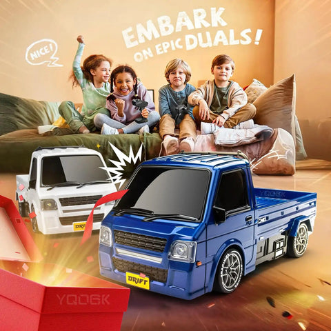 Children playing with 4WD Drift RC Car With 2.4GHz Remote And Dual Battery Setup, 20kmh High Speed, durable PVC body.