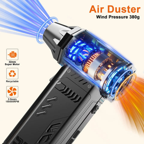 Electric Air Duster With Two Replaceable Batteries, showing high power blower and airflow, 3 gear adjustable, close-up view