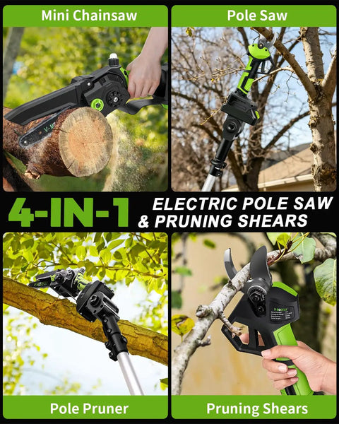 4 In 1 Pole Saw And Electric Pruning Shears Kit With An 8 Inch Bar For Tree Trimming Cordless Pruner With A 15 Ft Extension