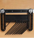 Detail of adjustable guide on portable benchtop router table for routing precision in woodworking projects.