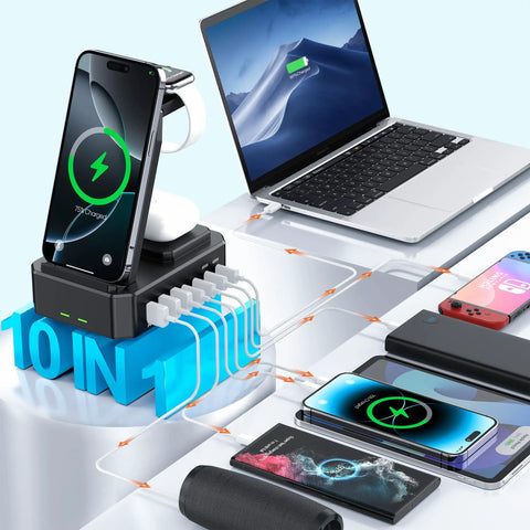 All In One 300W Charging Station for Multiple Devices With 10 in 1 Wireless Charger GaN III USB C 65W PD Fast Charging Stand Dock