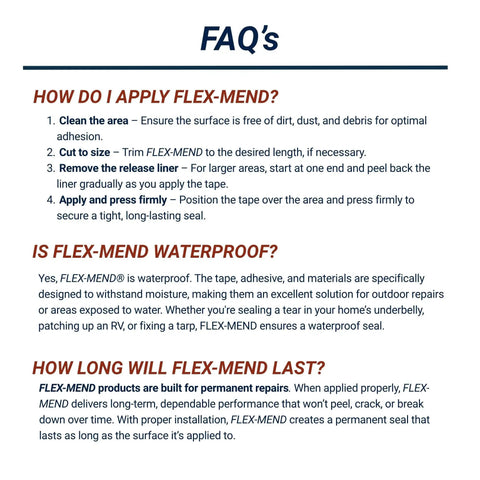 FAQ on applying and properties of FLEX-MEND tape for waterproof repairs on manufactured homes.
