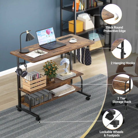 Rolling Standing Desk With Power Outlets And USB Ports, 32 Inch Manual Height Adjustable Mobile Computer Desk On Wheels, Sit Stand Laptop Couch Table For Bed And Sofa, Rustic Brown shown in living room with accessories