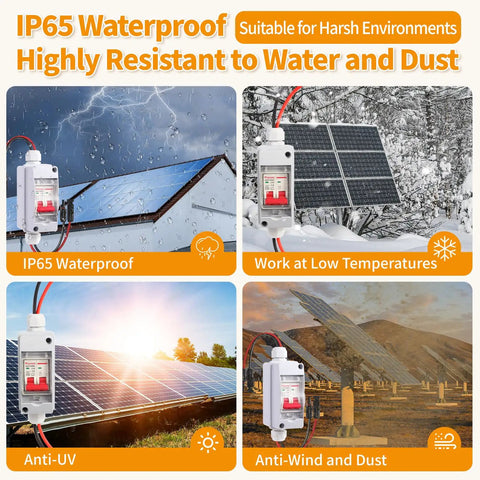 Four images of DC 500V Solar Panel Disconnect Switch 32A IP65 in various weather conditions, highlighting waterproof and dust-resistant features.