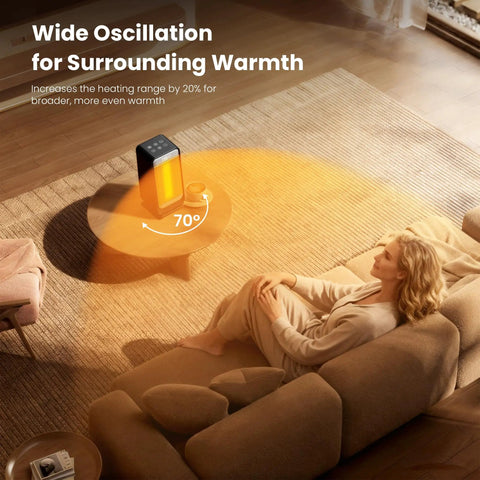 Portable 1500W Space Heater With 70 Degree Oscillation, Digital Display, Thermostat, 12 Hour Timer in living room setting