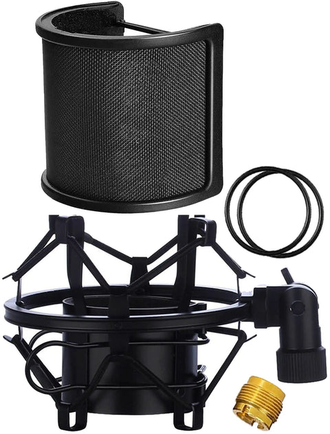 Mic Shock Mount With Pop Filter For 46mm To 51mm Condenser Microphones, Anti Vibration Suspension Clip, Easy Clamp Mount For Similar Sized Mics