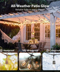100Ft Outdoor String Lights With Remote Dimmable Edison Bulbs, Waterproof Shatterproof Patio Lighting shown on a pergola.
