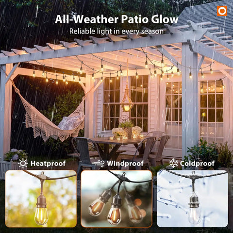 100Ft Outdoor String Lights With Remote Dimmable Edison Bulbs, Waterproof Shatterproof Patio Lighting shown on a pergola.