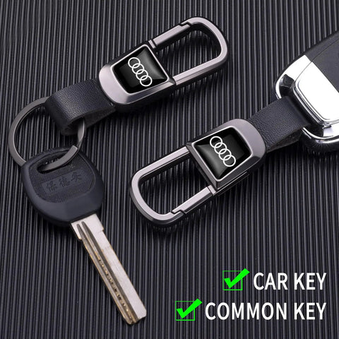 Leather Car Keychain Set For Audi A3 A4 A5 A6 A7 A8 Q3 Q4 Q5 Q6 Q7 Q8 R8 Leather Key Ring Lanyard With Zinc Alloy Hardware, slick black