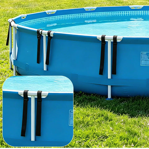 Heavy Duty Solar Pool Cover Straps For Above Ground Pools securely fastened on a blue framed pool, showcasing black nylon material.
