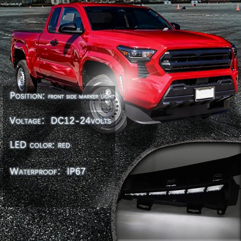Toyota Tacoma 2024 2025 2026 LED Front Wheel Arches Side Marker Lights With Sequential Turn Signals shown on red truck