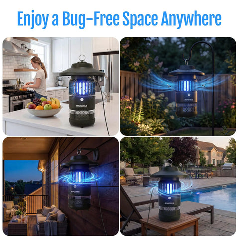 12V Plug In Mosquito Trap For Outdoor And Indoor Use With UV LED Attraction in kitchen, garden, patio, and poolside settings.