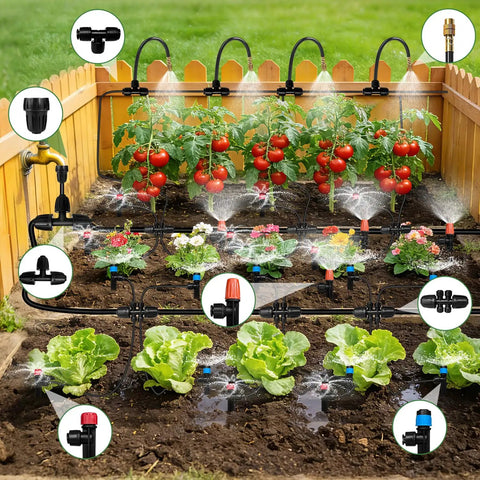 No-Fuss Drip Irrigation System For Garden With 38 Adjustable Copper Nozzles And Emitters installed in raised garden bed