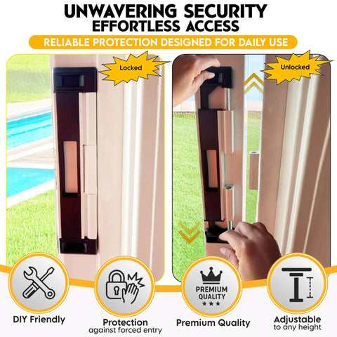 Sliding Door Lock With Double Deadbolt Security For Homes And Rentals, Kid Safe And Easy To Install, shown locked and unlocked