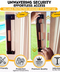 Sliding Door Lock With Double Deadbolt Security For Homes And Rentals, Kid Safe And Easy To Install With 3 Receiver Latches shown locked and unlocked on a white door.