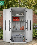 Beefy Heavy Duty Outdoor Tall Storage Cabinet Weatherproof 28 Cu Ft Garage Organizer with open doors showcasing shelves