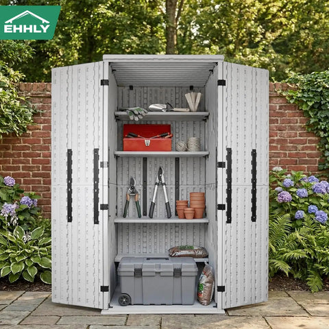 Beefy Heavy Duty Outdoor Tall Storage Cabinet Weatherproof 28 Cu Ft Garage Organizer with open doors showcasing shelves