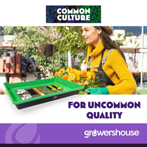 Person holding All In One Trimming Tray Kit For Plants With 13x20 Inch Tray And 150 Micron Pollen Screen Bottom in greenhouse